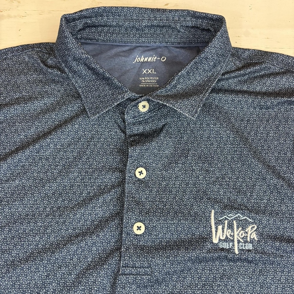 Johnnie-O Polo Shirt Mens 2XL Blue Spotted WeKoPa Golf Club Stretch Short Sleeve